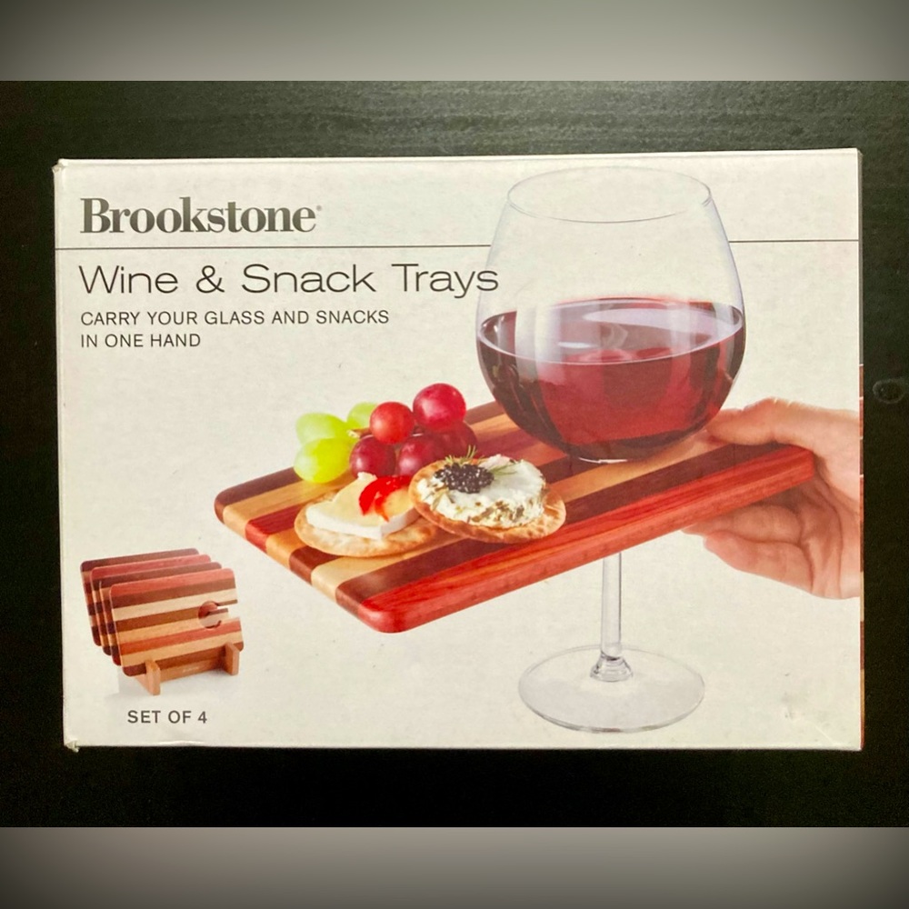 Brookstone Wooden Wine & Snack Trays Set with Stand~ New in Box